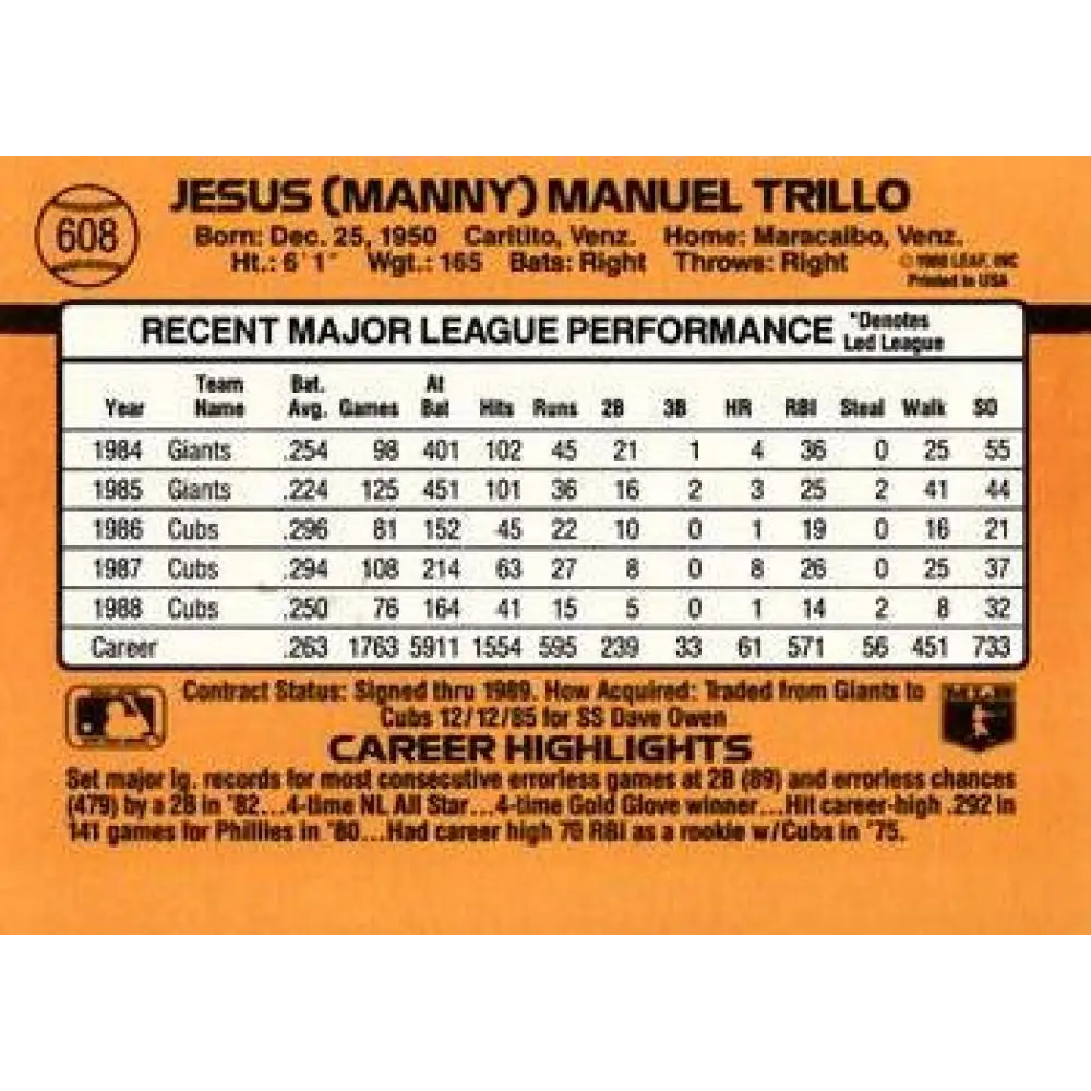 1989 Donruss #608 Manny Trillo DP NM-MT Chicago Cubs Baseball Card Image 2