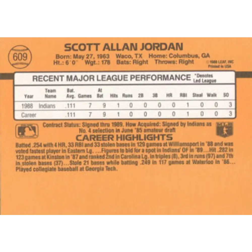 1989 Donruss #609 Scott Jordan NM-MT RC Rookie Cleveland Indians Baseball Card Image 2
