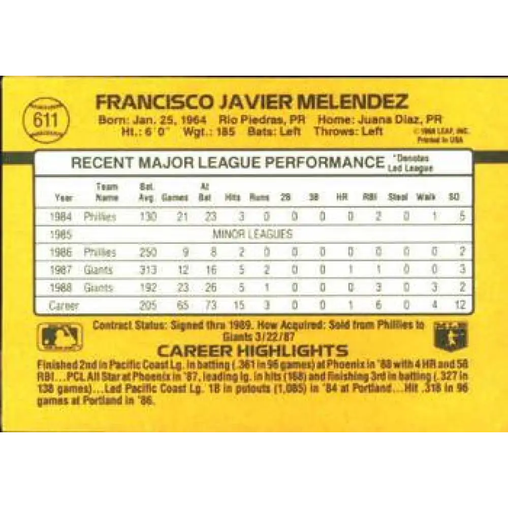 1989 Donruss #611 Francisco Melendez NM-MT RC Rookie San Francisco Giants Baseball Card Image 2