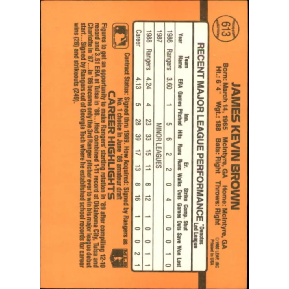 1989 Donruss #613 Kevin Brown DP NM-MT Texas Rangers Baseball Card Image 2