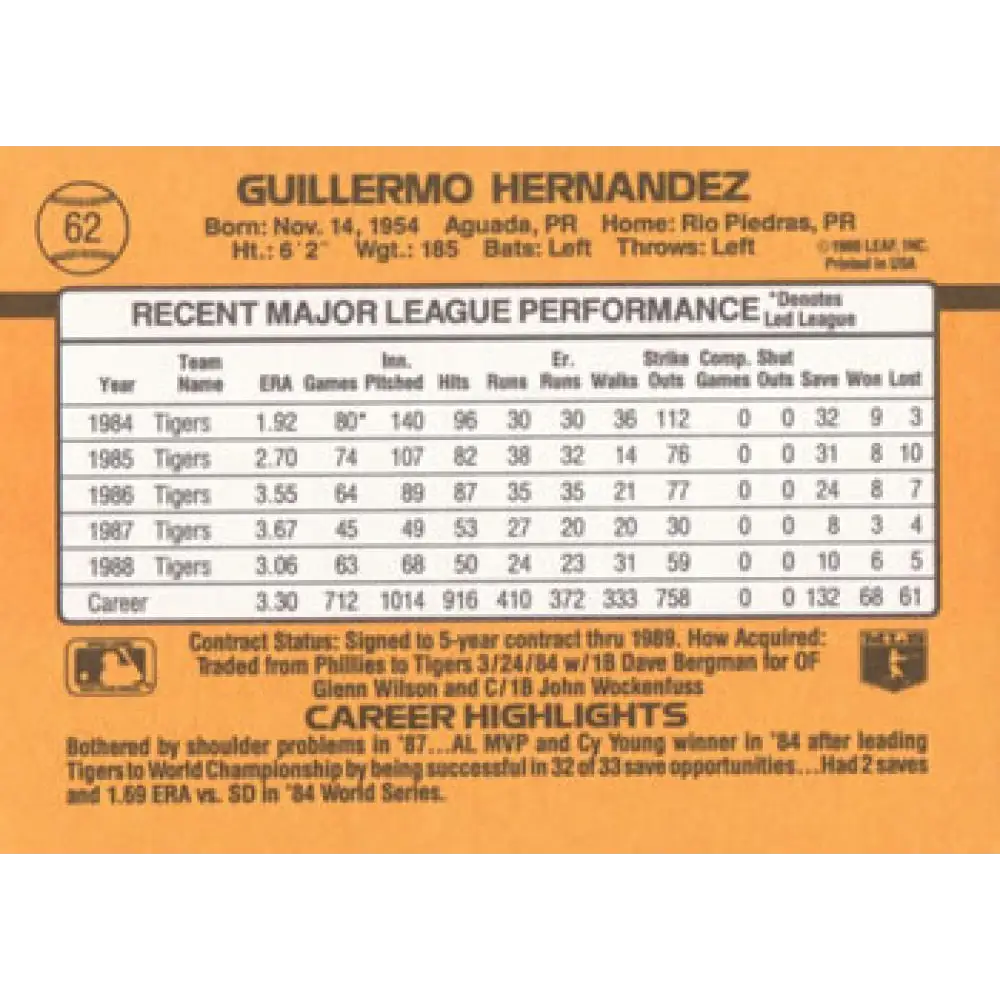 1989 Donruss #62 Guillermo Hernandez NM-MT Detroit Tigers Baseball Card Image 2