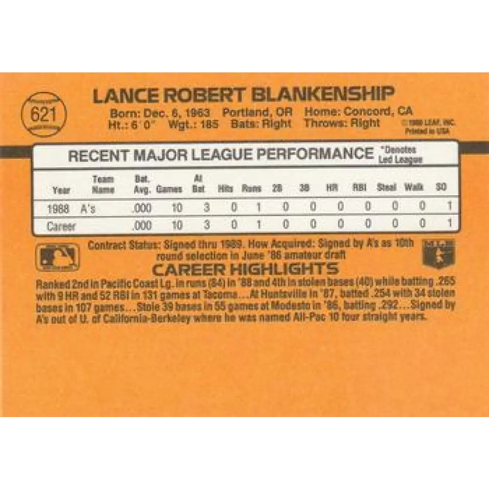 1989 Donruss #621 Lance Blankenship NM-MT RC Rookie Oakland Athletics Baseball Card Image 2