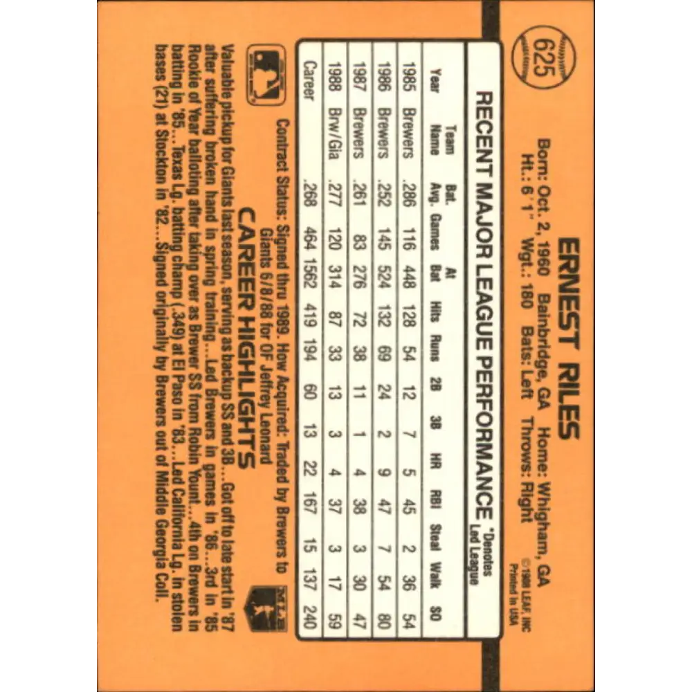 1989 Donruss #625 Ernest Riles DP NM-MT San Francisco Giants Baseball Card Image 2