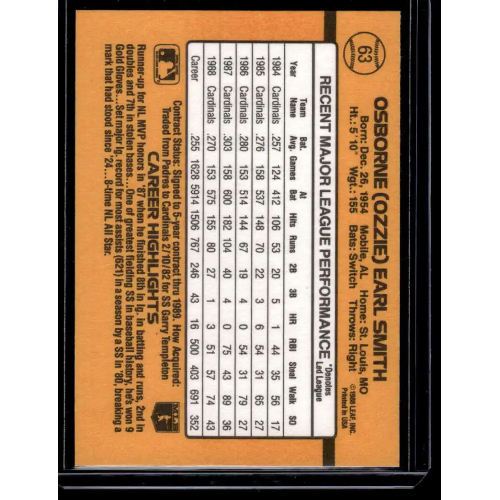 1989 Donruss #63 Ozzie Smith St. Louis Cardinals NM-MT Baseball Card Image 2