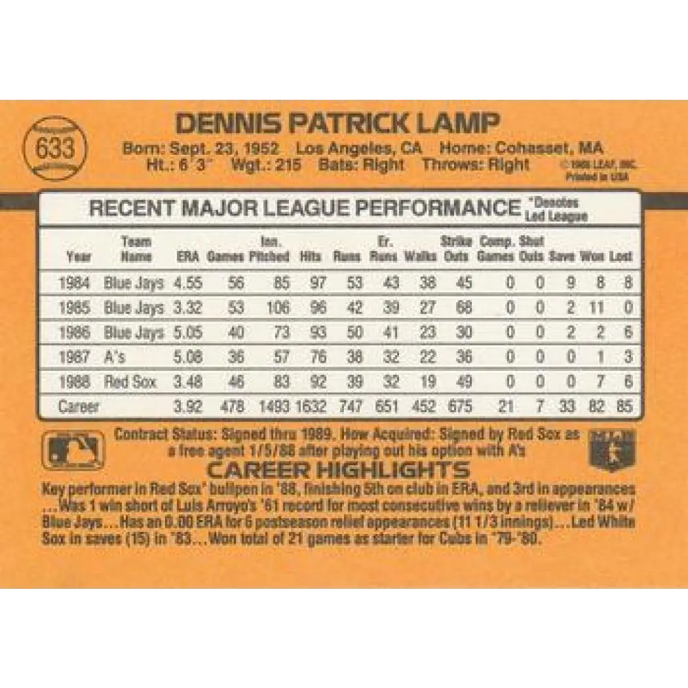 1989 Donruss #633 Dennis Lamp NM-MT Boston Red Sox Baseball Card Image 2
