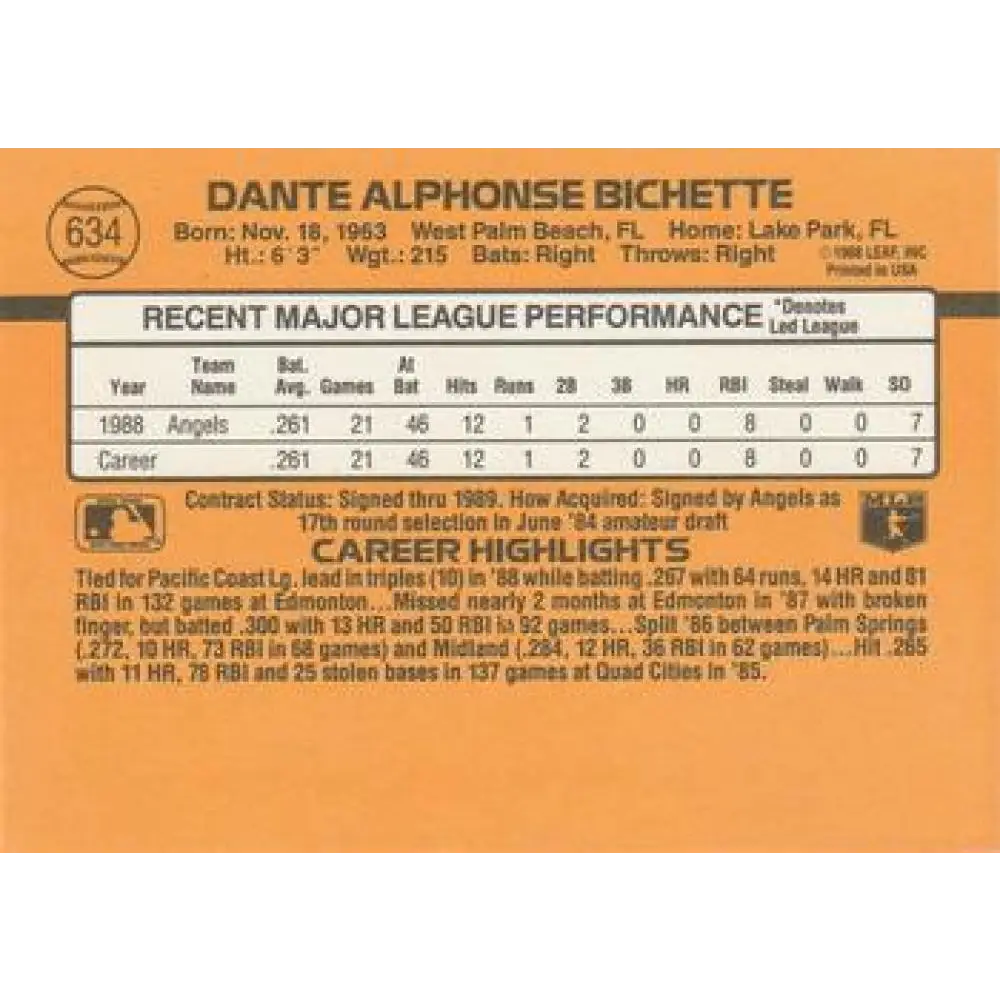 1989 Donruss #634 Dante Bichette NM-MT RC Rookie California Angels Baseball Card Image 2
