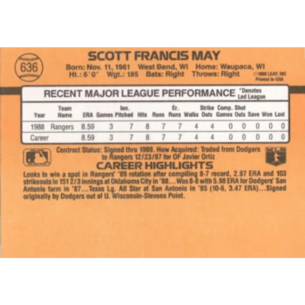 1989 Donruss #636 Scott May DP NM-MT RC Rookie Texas Rangers Baseball Card Image 2