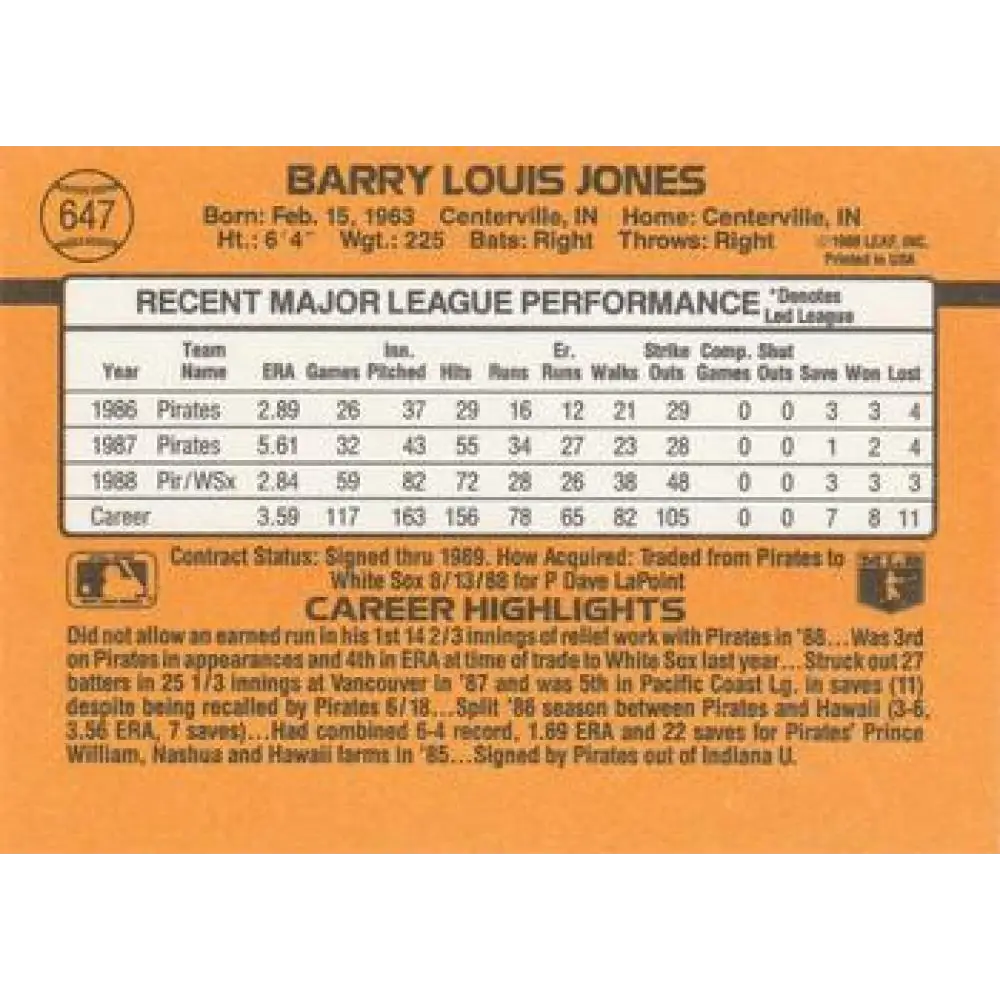 1989 Donruss #647 Barry Jones NM-MT Chicago White Sox Baseball Card Image 2