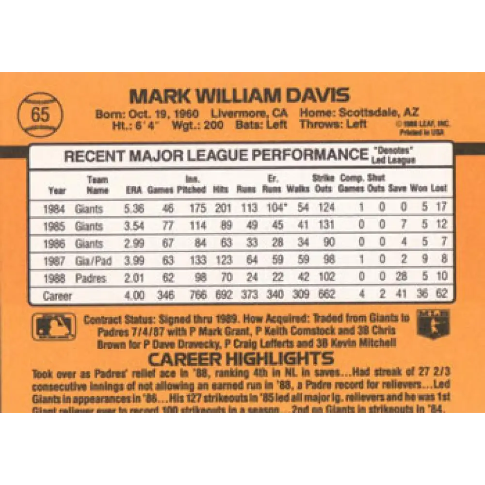 1989 Donruss #65 Mark Davis NM-MT San Diego Padres Baseball Card Image 2