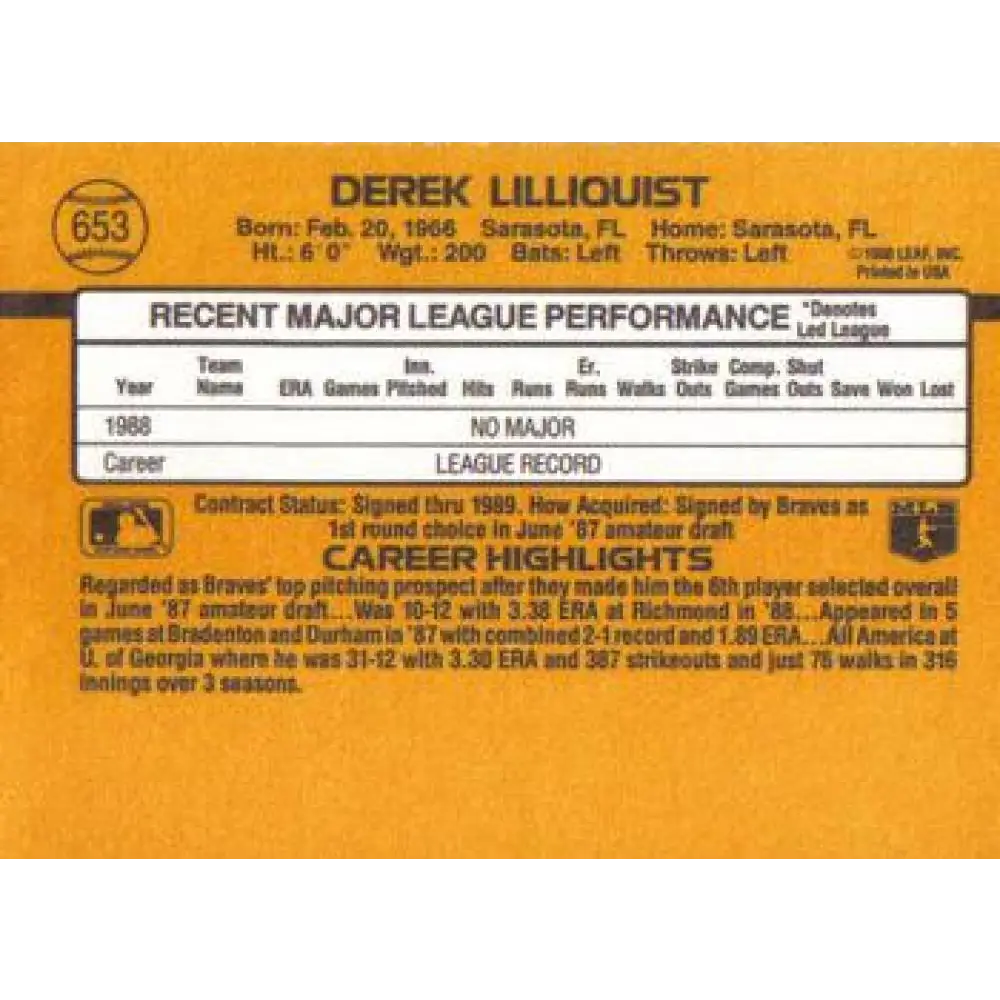 1989 Donruss #653 Derek Lilliquist NM-MT RC Rookie Atlanta Braves Baseball Card Image 2