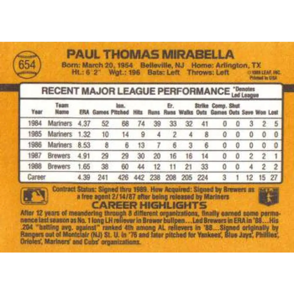1989 Donruss #654 Paul Mirabella NM-MT Milwaukee Brewers Baseball Card Image 2
