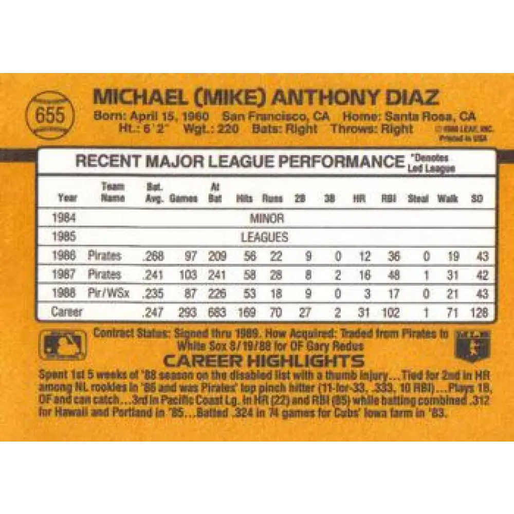 1989 Donruss #655 Mike Diaz NM-MT Chicago White Sox Baseball Card Image 2