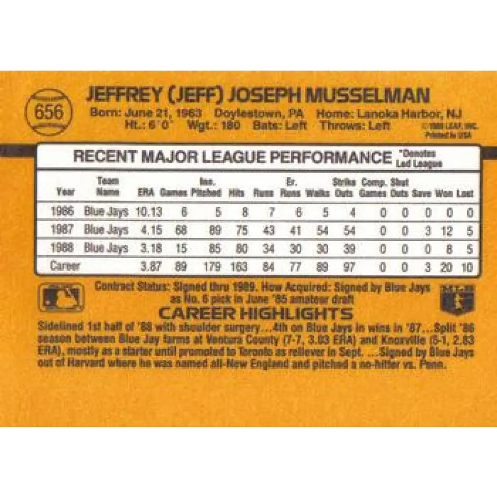 1989 Donruss #656 Jeff Musselman NM-MT Toronto Blue Jays Baseball Card Image 2