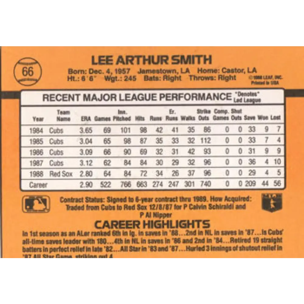 1989 Donruss #66 Lee Smith NM-MT Boston Red Sox Baseball Card Image 2