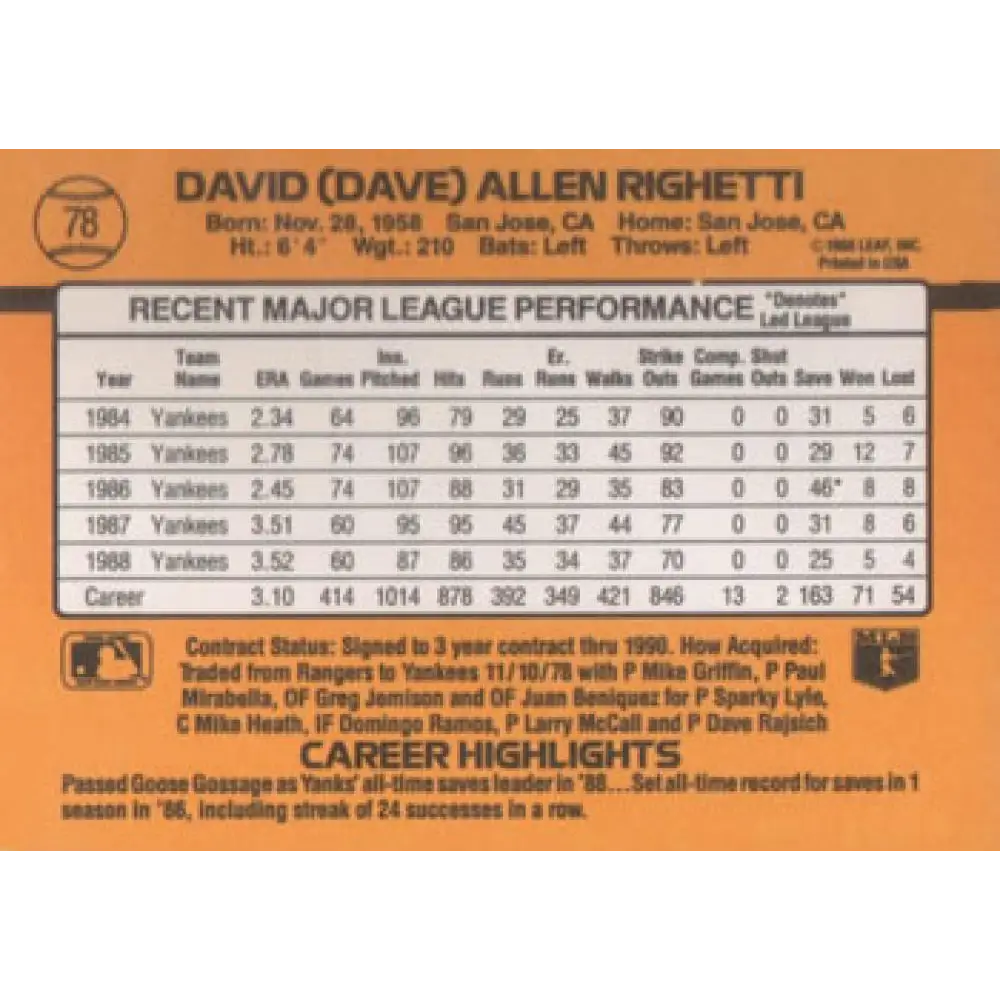 1989 Donruss #78 Dave Righetti NM-MT New York Yankees Baseball Card Image 2