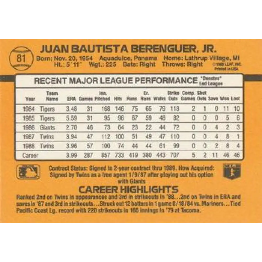 1989 Donruss #81 Juan Berenguer NM-MT Minnesota Twins Baseball Card Image 2