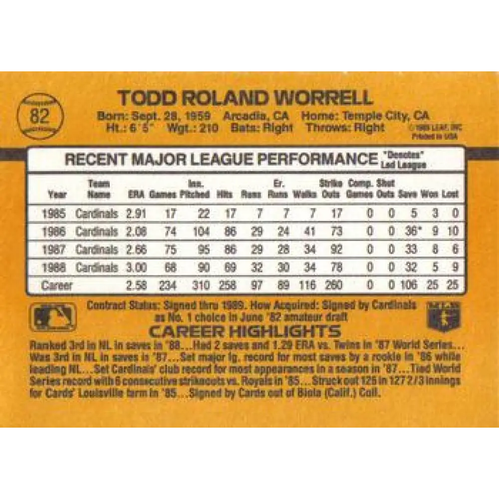1989 Donruss #82 Todd Worrell NM-MT St. Louis Cardinals Baseball Card Image 2