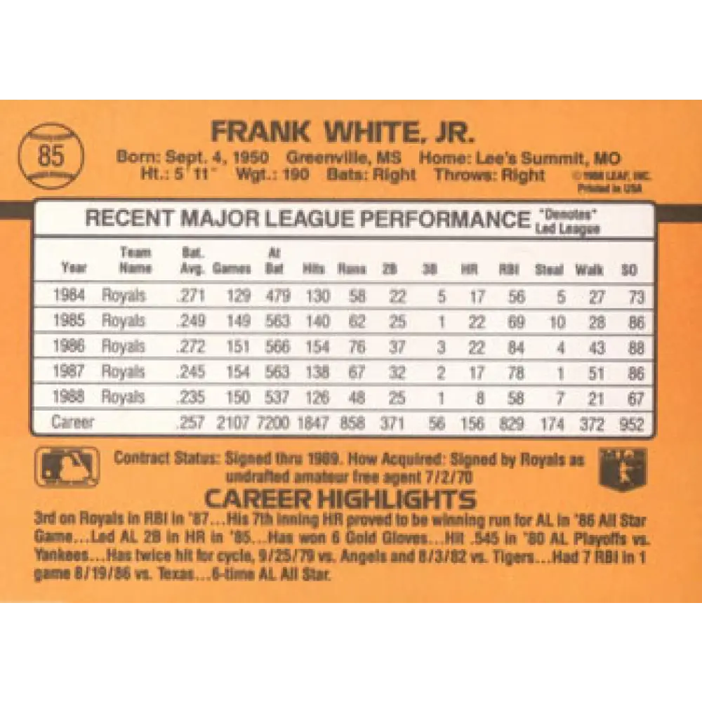 1989 Donruss #85 Frank White NM-MT Kansas City Royals Baseball Card Image 2