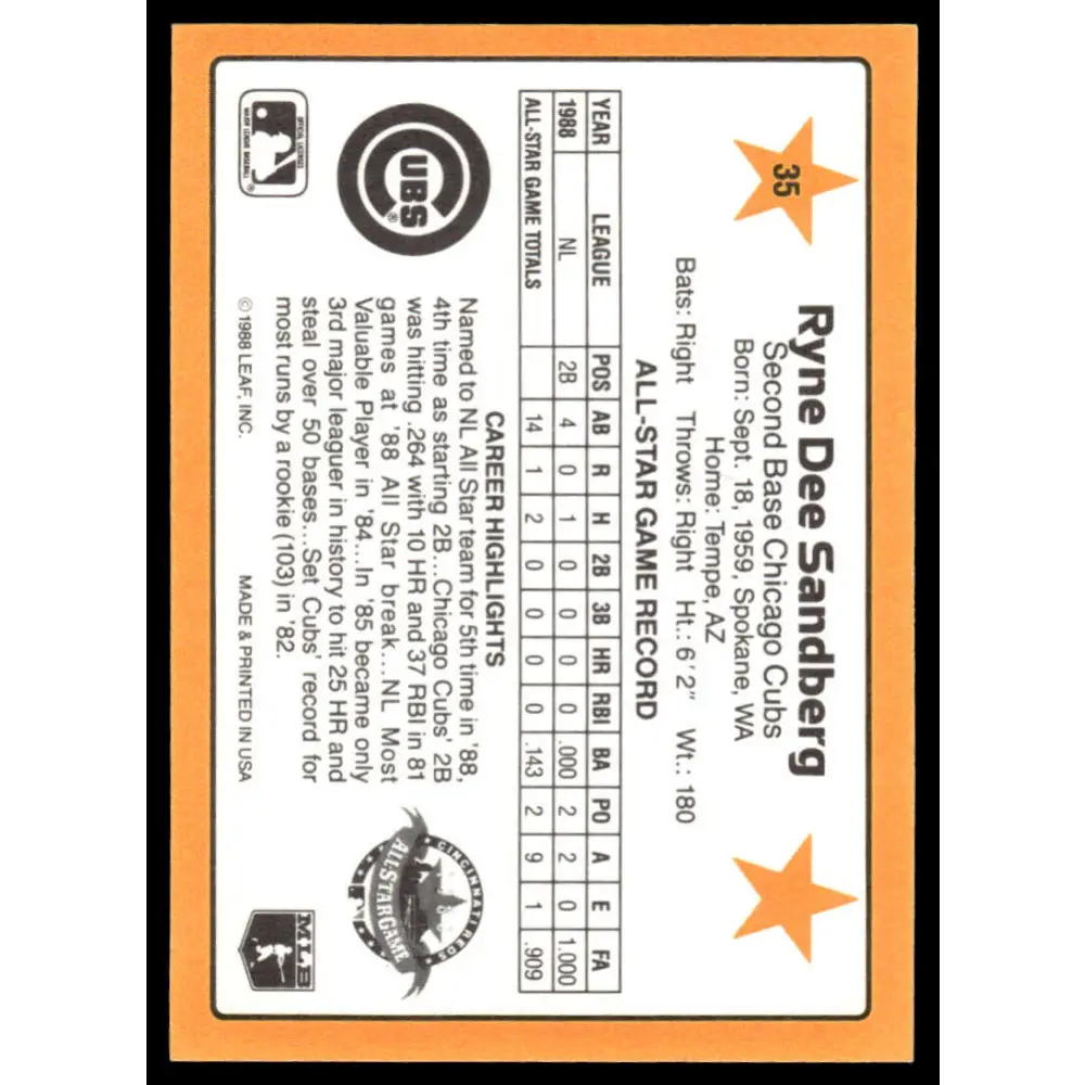 1989 Donruss All-Stars #35 Ryne Sandberg EX Chicago Cubs Baseball Card Image 2