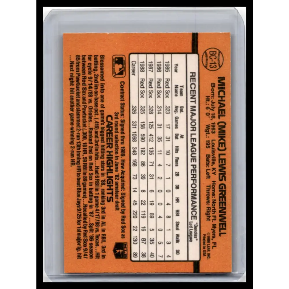 1989 Donruss #BC-13d Mike Greenwell NM-MT Boston Red Sox Baseball Card Image 2