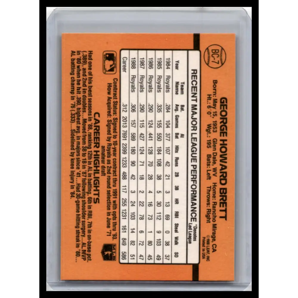 1989 Donruss #BC-7a George Brett NM-MT Kansas City Royals Baseball Card Image 2