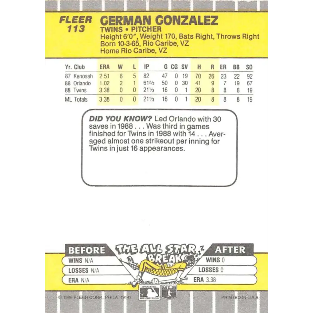 1989 Fleer #113 German Gonzalez EX Excellent RC Rookie Minnesota Twins Baseball Card  Image 2
