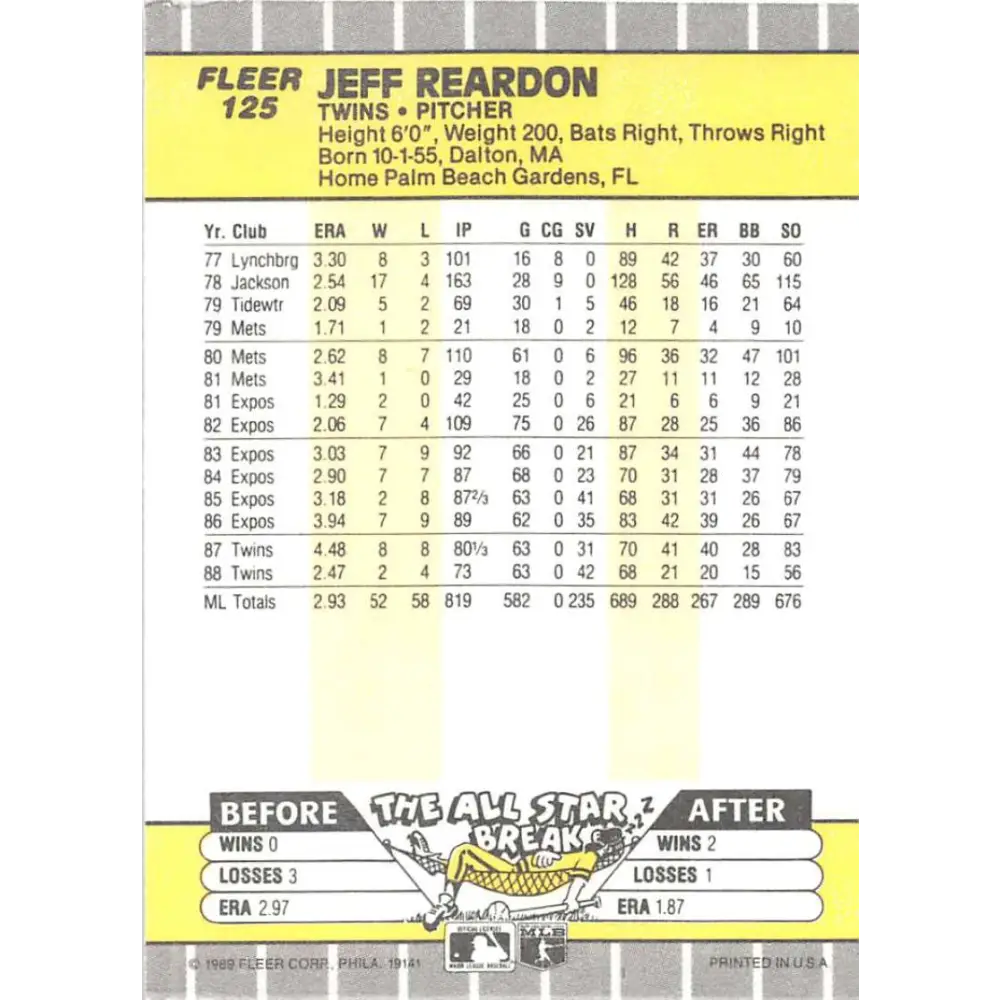 1989 Fleer #125 Jeff Reardon EX Excellent Minnesota Twins Baseball Card  Image 2