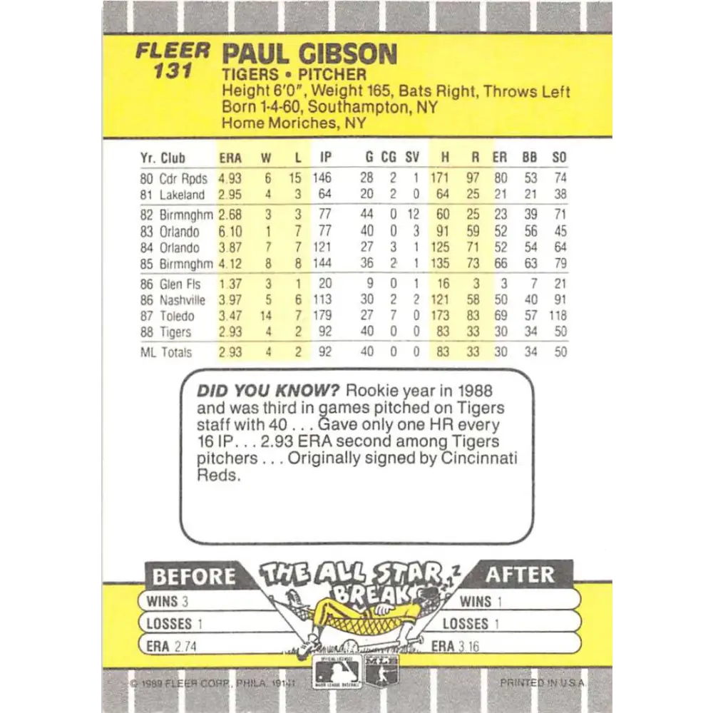 1989 Fleer #131 Paul Gibson EX Excellent Detroit Tigers Baseball Card  Image 2