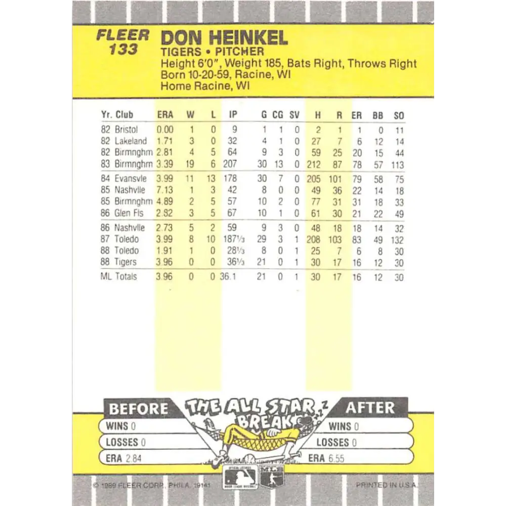 1989 Fleer #133 Don Heinkel EX Excellent Detroit Tigers Baseball Card  Image 2