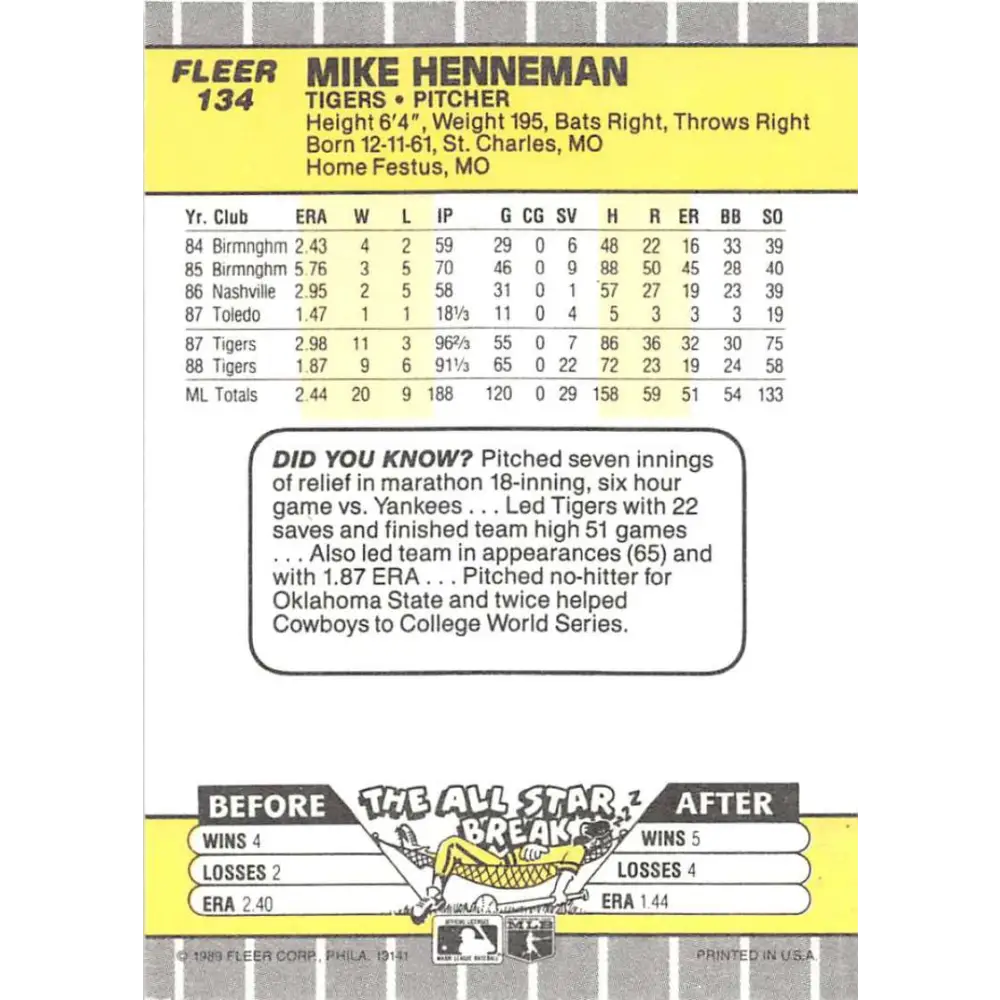 1989 Fleer #134 Mike Henneman EX Excellent Baseball Card  Image 2