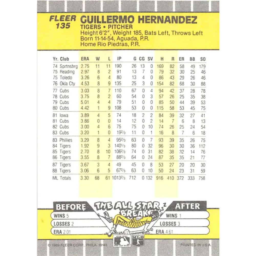1989 Fleer #135 Guillermo Hernandez EX Excellent Detroit Tigers Baseball Card  Image 2