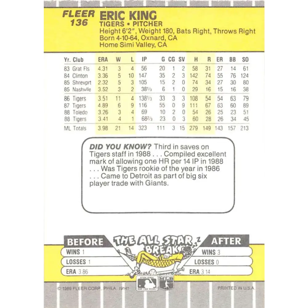 1989 Fleer #136 Eric King EX Excellent Detroit Tigers Baseball Card  Image 2