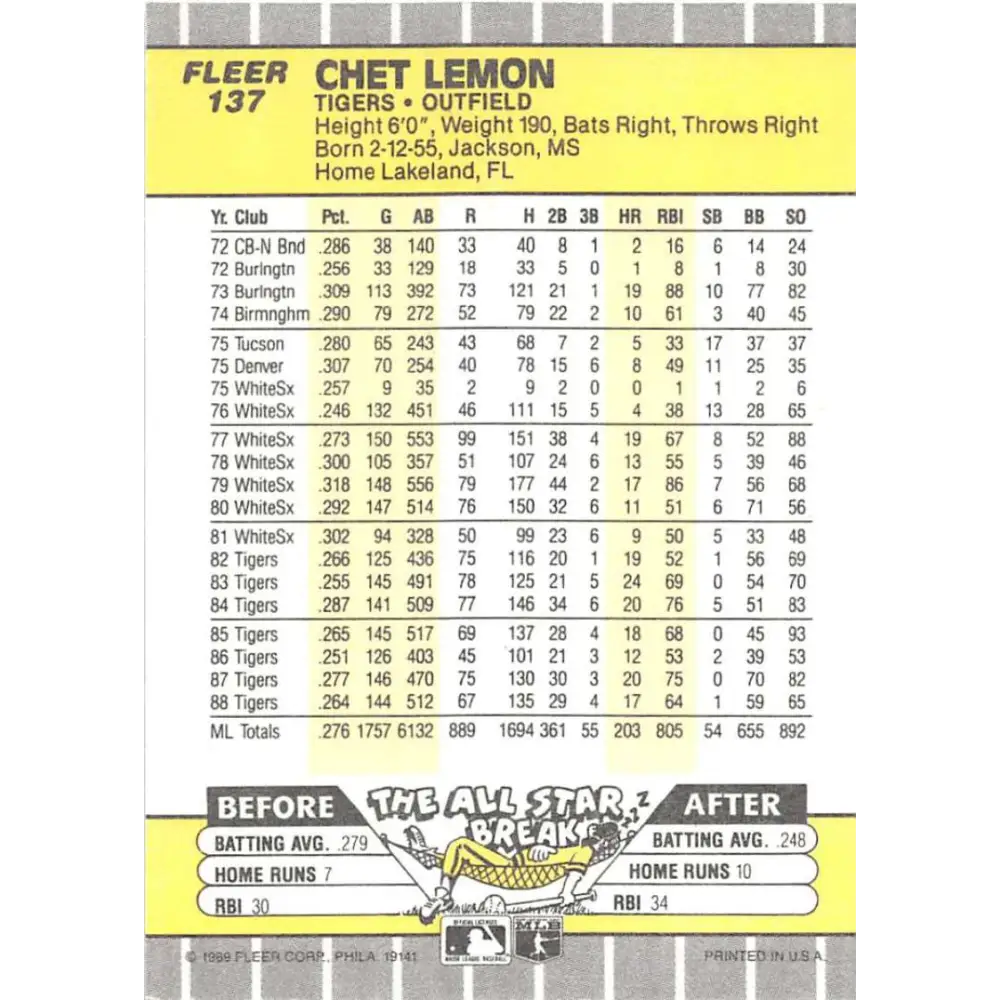 1989 Fleer #137 Chet Lemon EX Excellent Detroit Tigers Baseball Card  Image 2