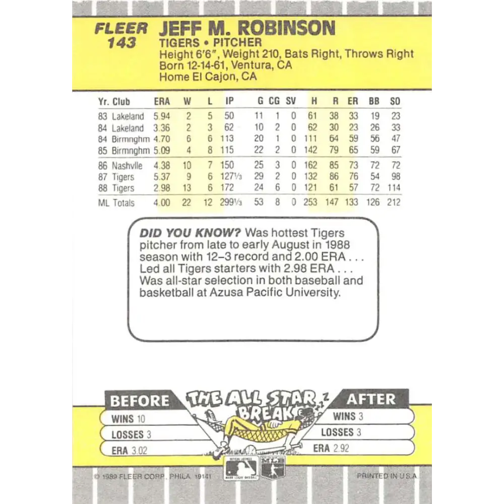 1989 Fleer #143 Jeff Robinson EX Excellent Detroit Tigers Baseball Card  Image 2