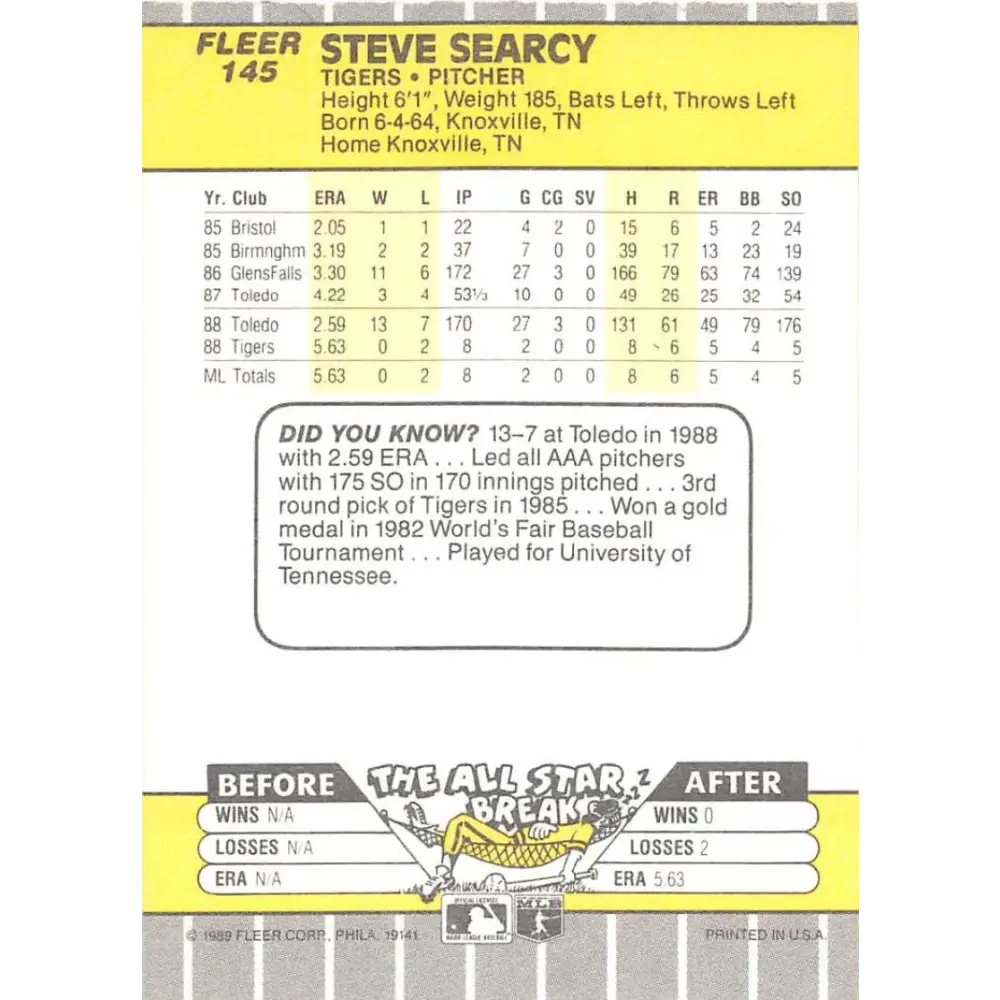 1989 Fleer #145 Steve Searcy EX Excellent Detroit Tigers Baseball Card  Image 2