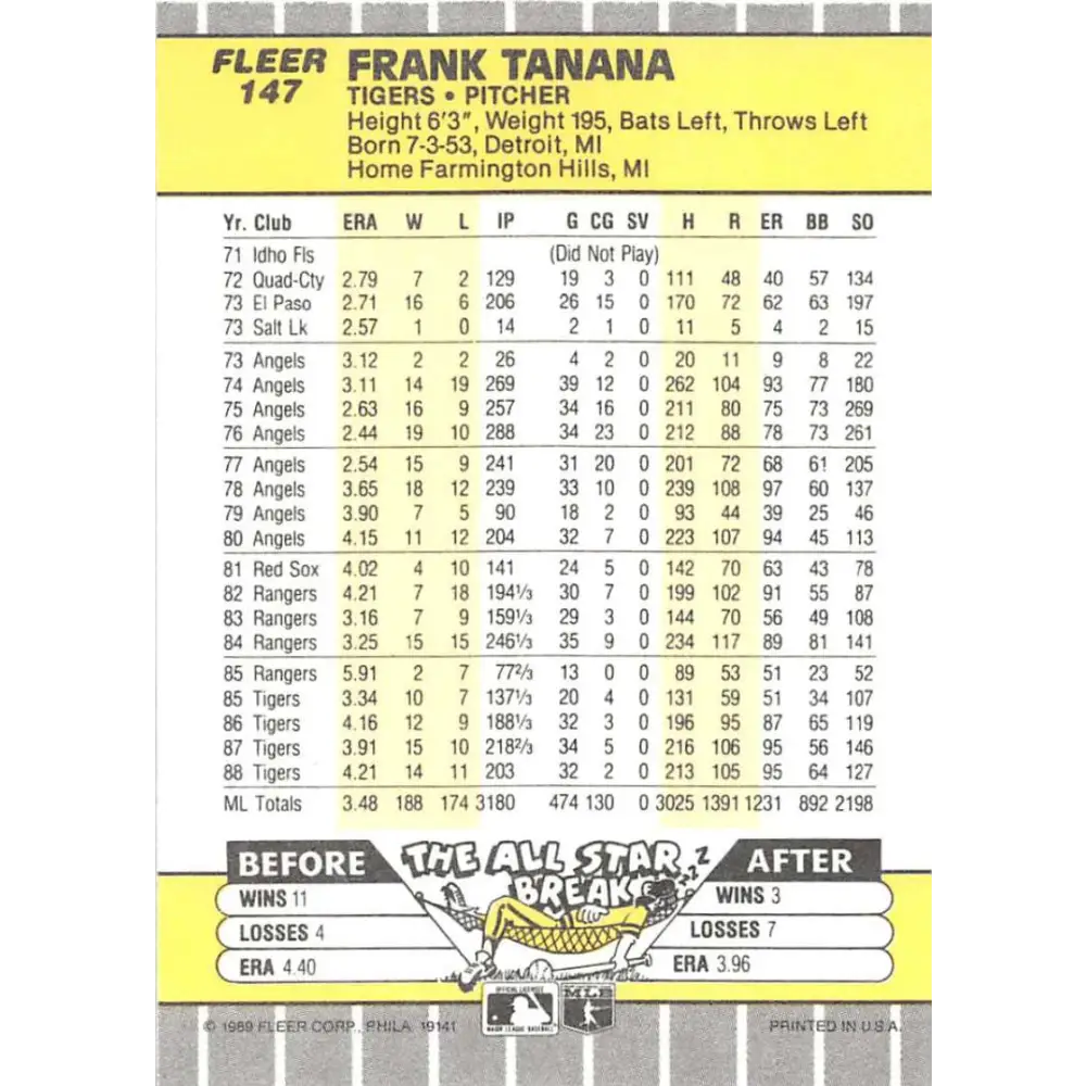 1989 Fleer #147 Frank Tanana EX Excellent Detroit Tigers Baseball Card  Image 2