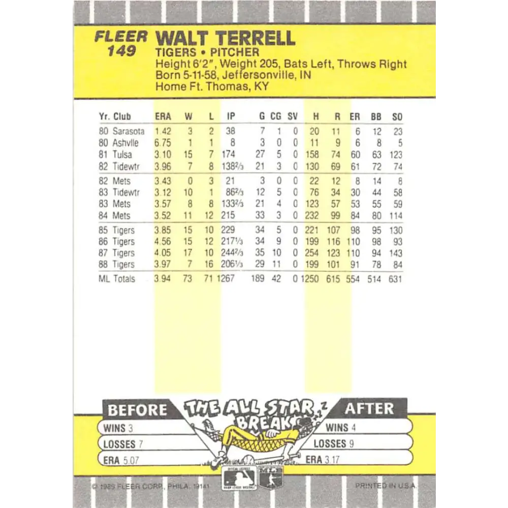 1989 Fleer #149 Walt Terrell EX Excellent Detroit Tigers Baseball Card  Image 2