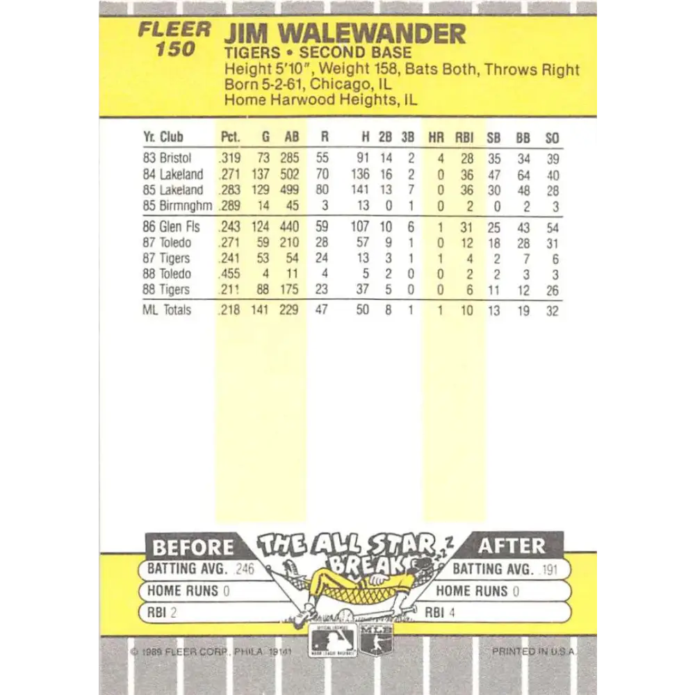 1989 Fleer #150 Jim Walewander EX Excellent Detroit Tigers Baseball Card  Image 2