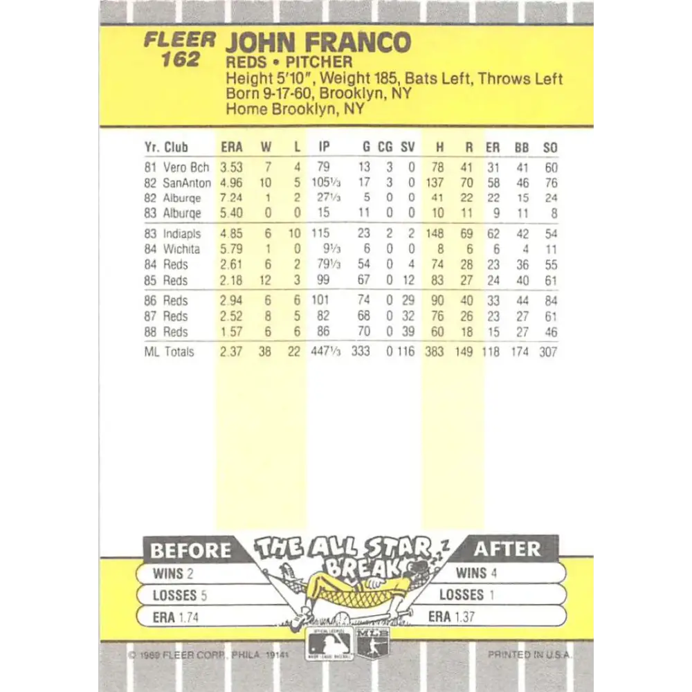 1989 Fleer #162 John Franco EX Excellent Cincinnati Reds Baseball Card  Image 2