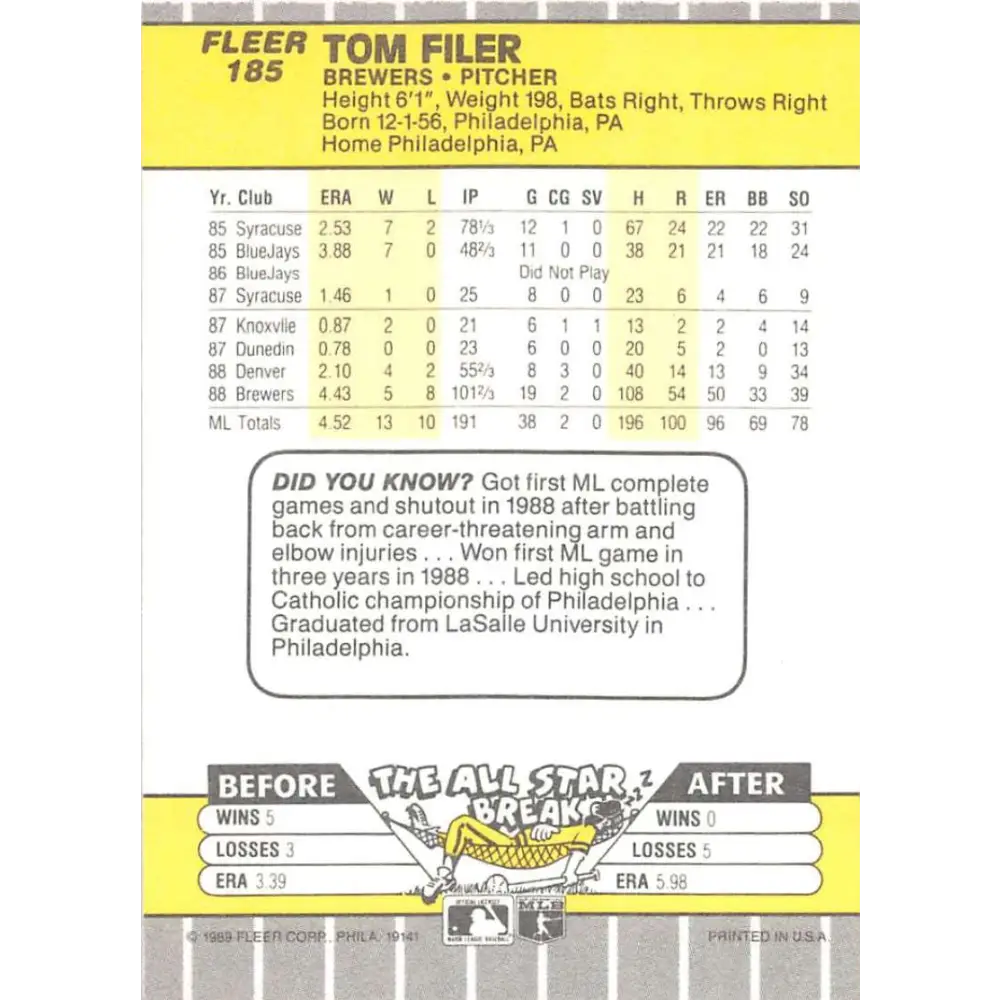 1989 Fleer #185 Tom Filer EX Excellent Milwaukee Brewers Baseball Card  Image 2