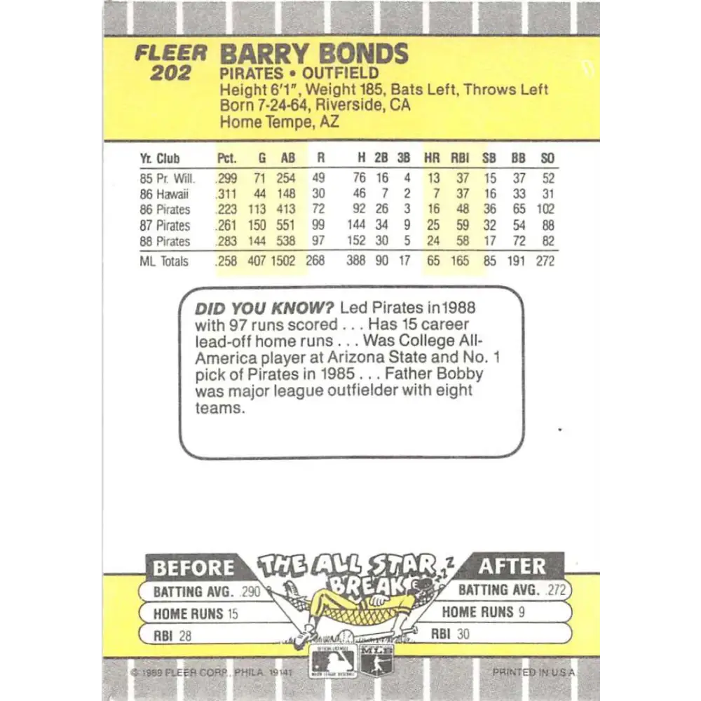 1989 Fleer #202 Barry Bonds EX Excellent Pittsburgh Pirates Baseball Card  Image 2