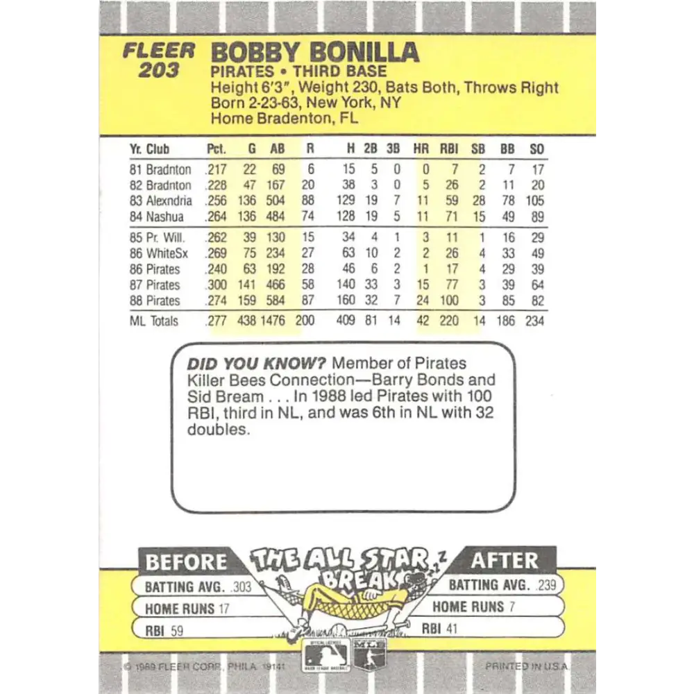 1989 Fleer #203 Bobby Bonilla EX Excellent Pittsburgh Pirates Baseball Card  Image 2