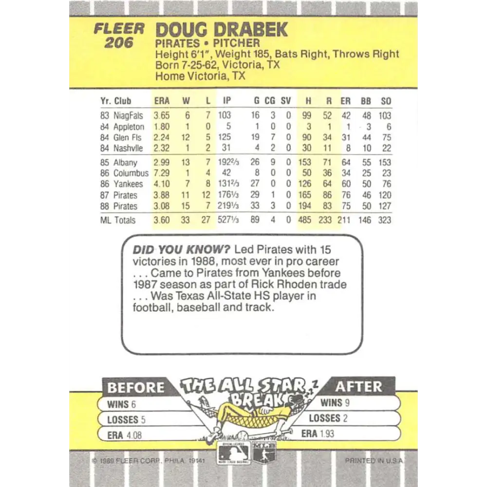 1989 Fleer #206 Doug Drabek EX Excellent Pittsburgh Pirates Baseball Card  Image 2