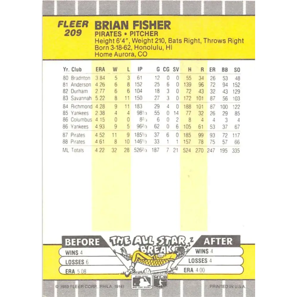 1989 Fleer #209 Brian Fisher EX Excellent Pittsburgh Pirates Baseball Card  Image 2