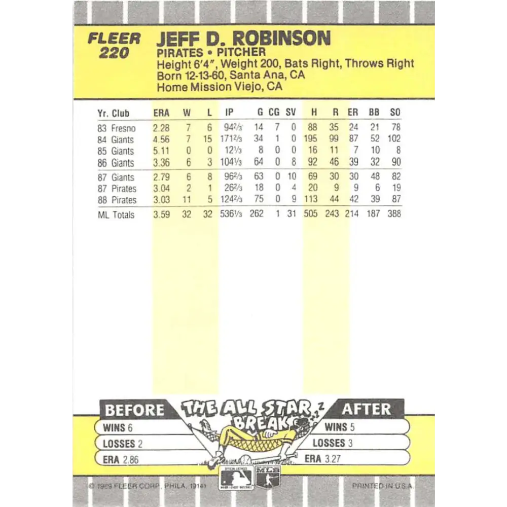 1989 Fleer #220 Jeff Robinson EX Excellent Pittsburgh Pirates Baseball Card  Image 2