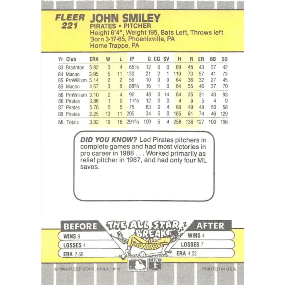 1989 Fleer #221 John Smiley EX Excellent Pittsburgh Pirates Baseball Card  Image 2