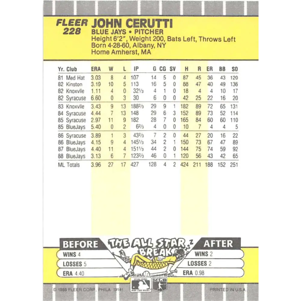 1989 Fleer #228 John Cerutti EX Excellent Toronto Blue Jays Baseball Card  Image 2