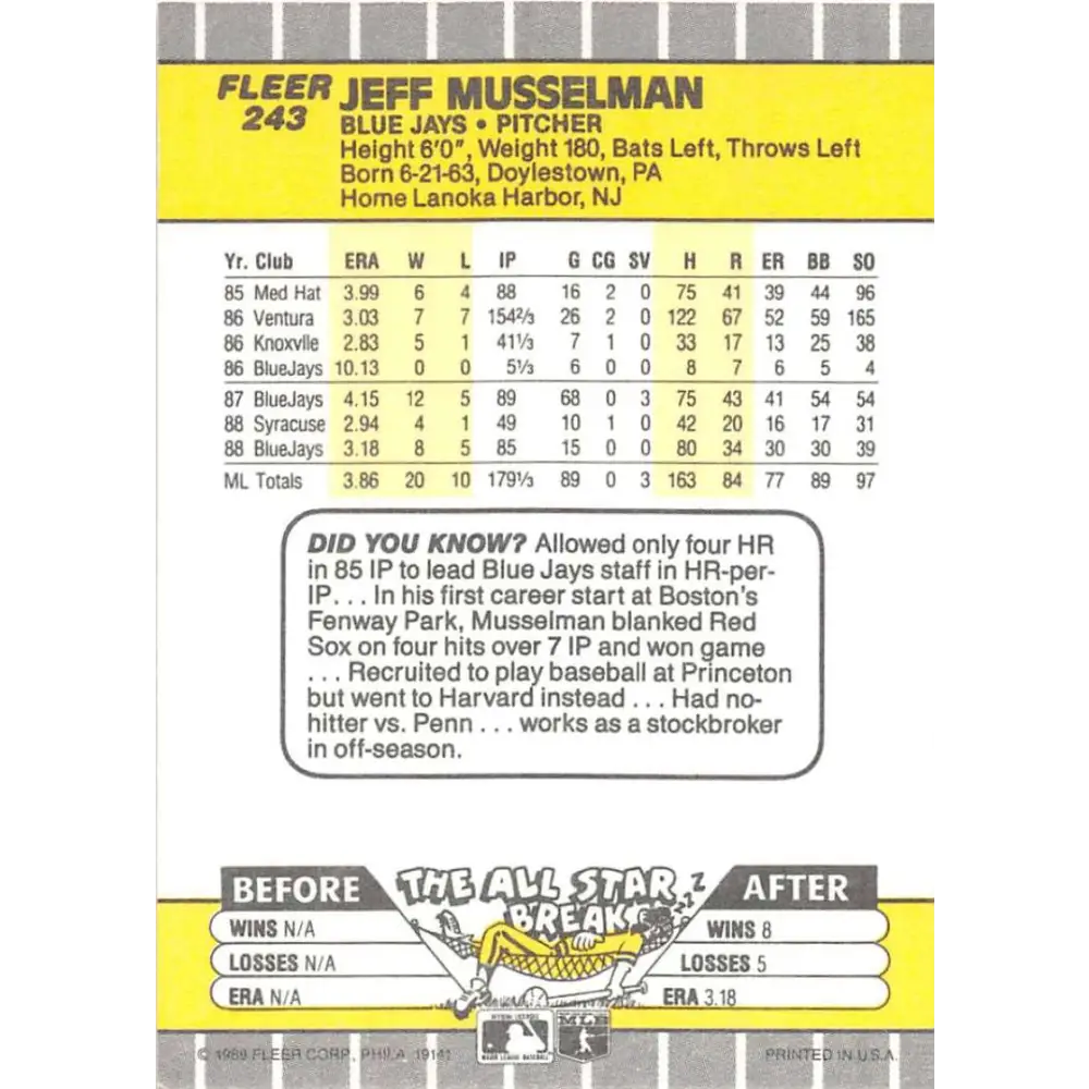1989 Fleer #243 Jeff Musselman EX Excellent Toronto Blue Jays Baseball Card  Image 2