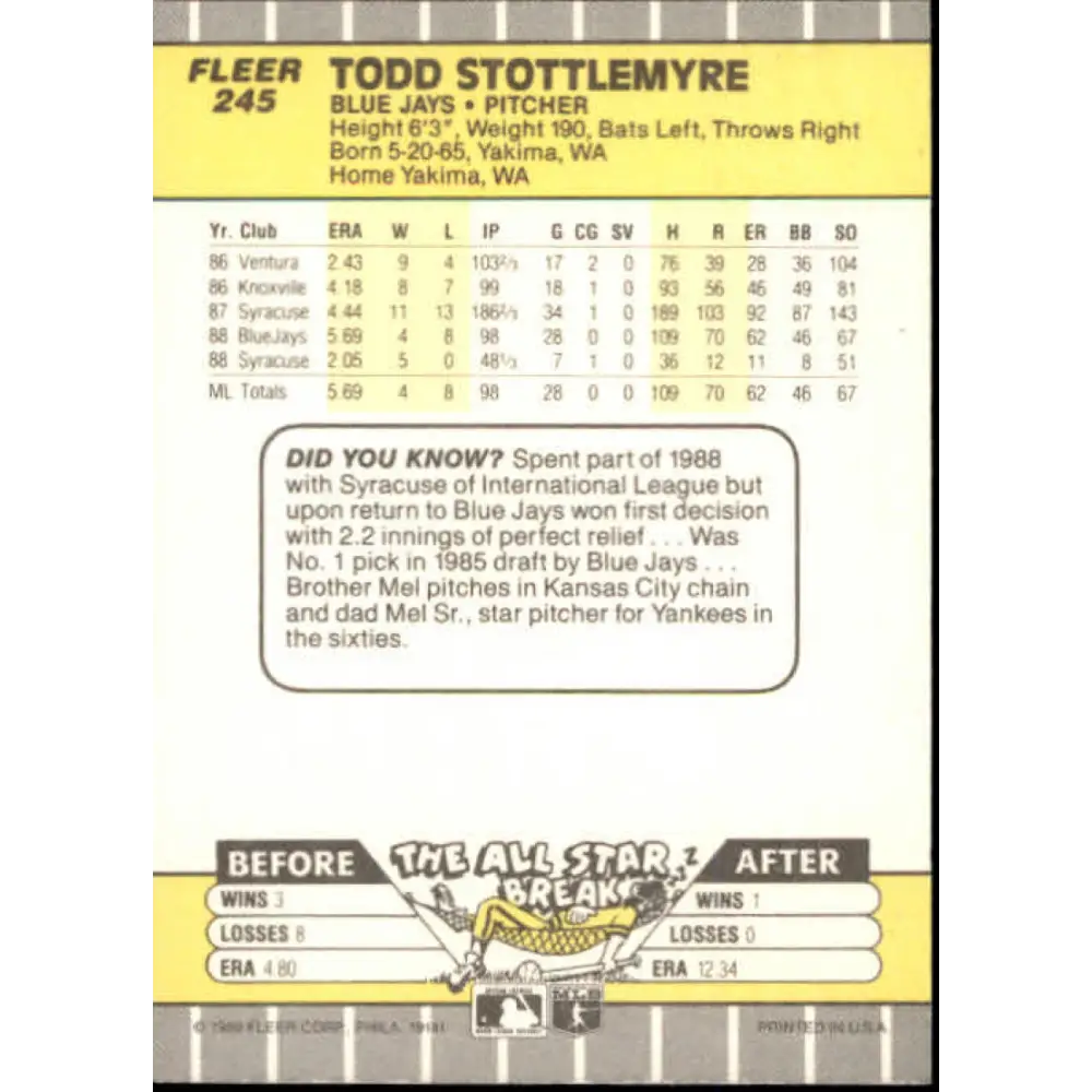 1989 Fleer #245 Todd Stottlemyre EX Excellent Toronto Blue Jays Baseball Card  Image 2