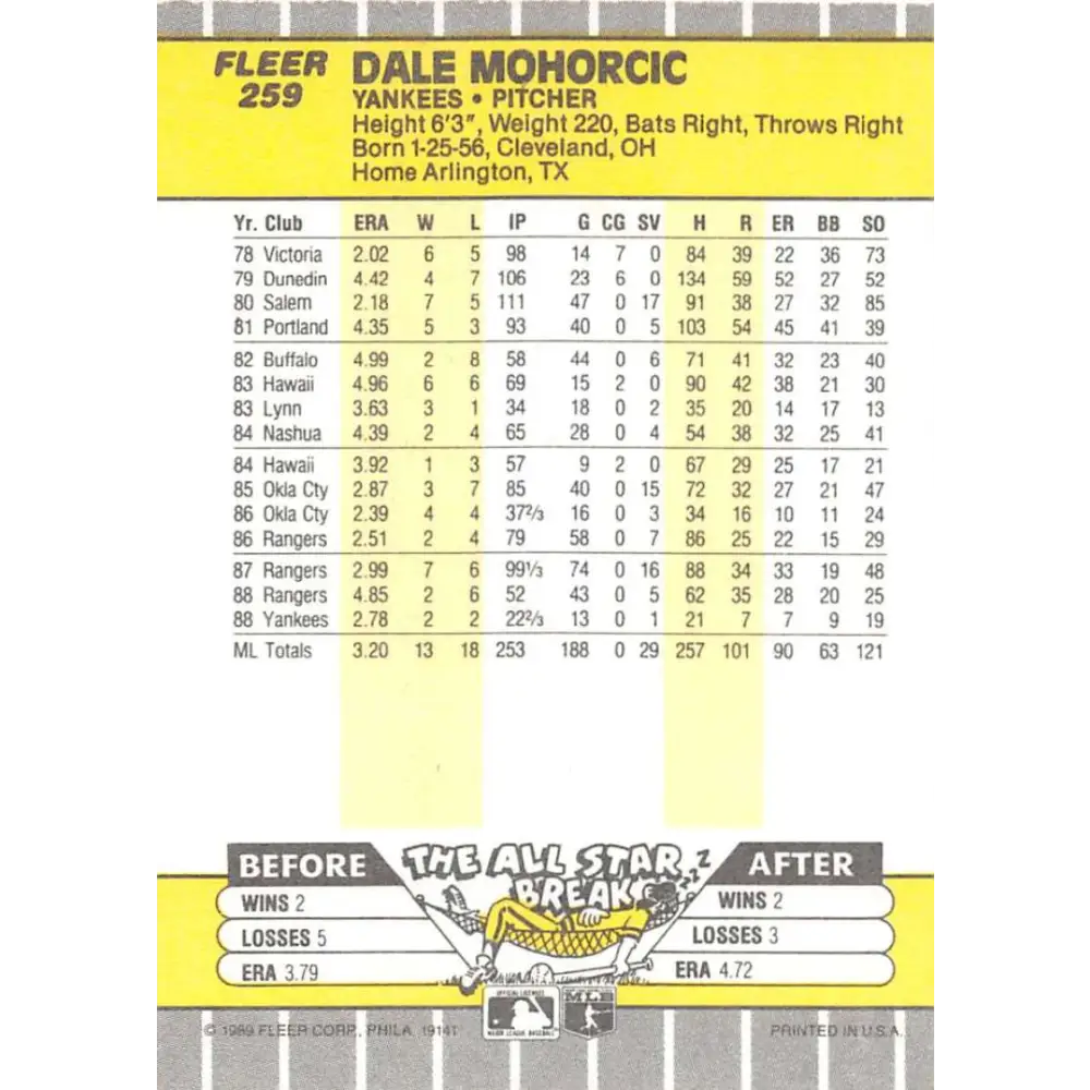 1989 Fleer #259 Dale Mohorcic EX Excellent New York Yankees Baseball Card  Image 2